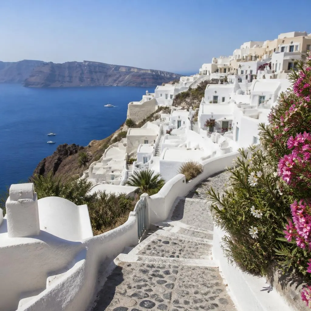 Illustration of a Greek island village beside the sea